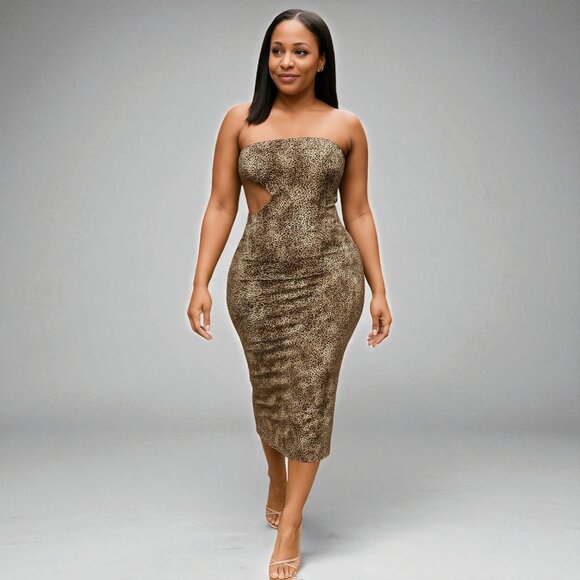 Leopard Print Strapless Midi Dress - Picture 1 of 6